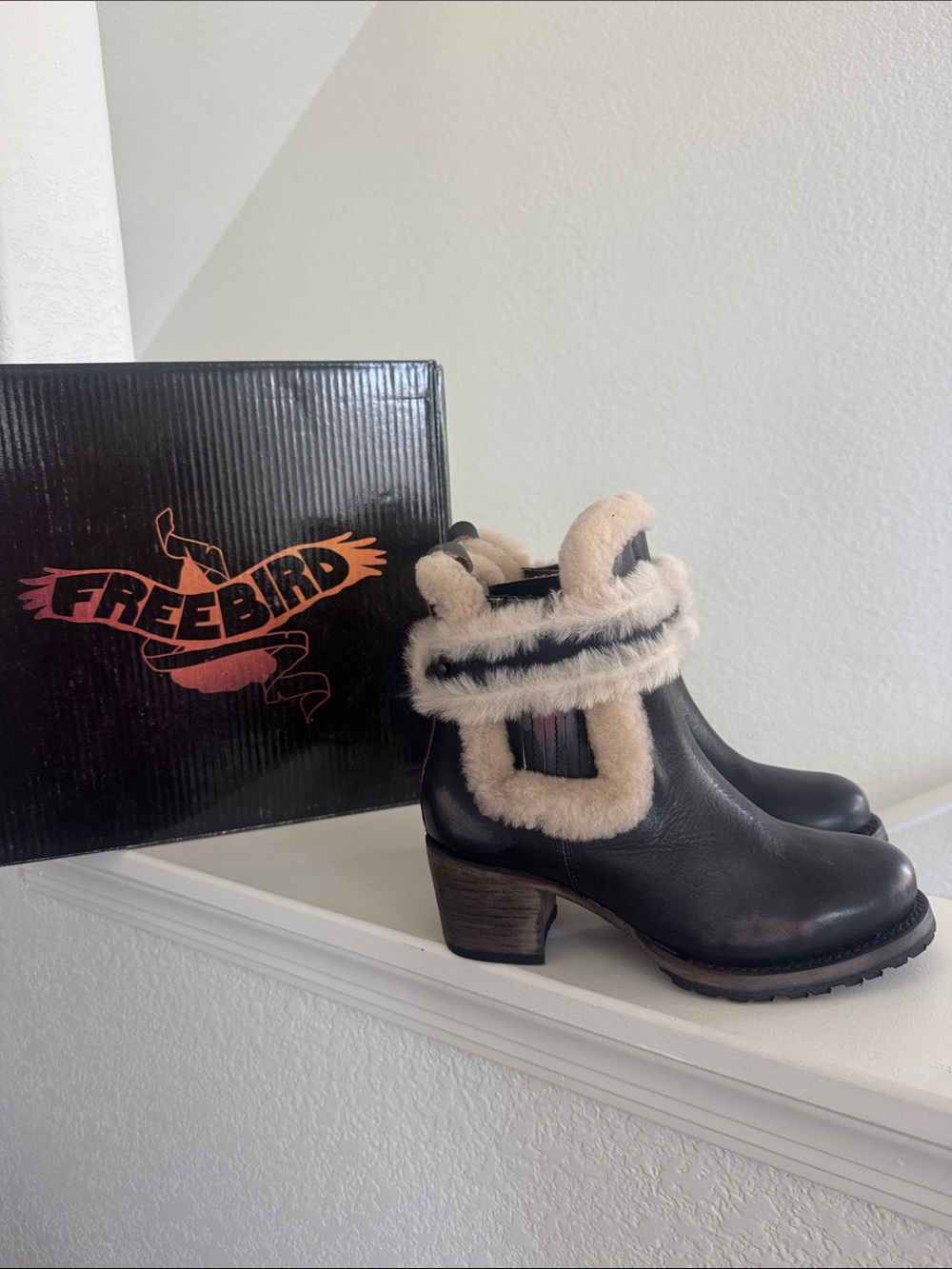 freebird Black Leather Ankle Boots with Cream Shearling Trim